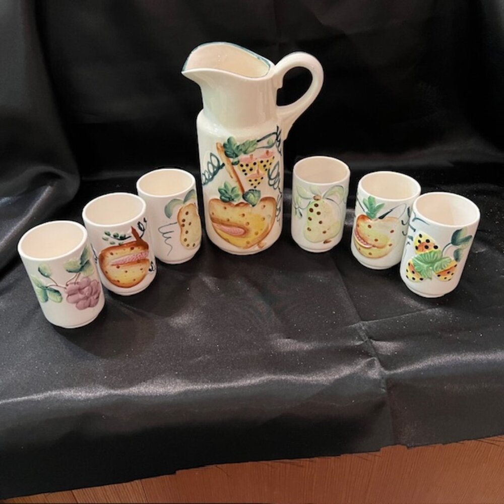 VTG MCM hand painted juice carafe with 6 tumblers